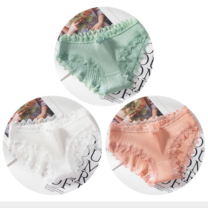 Cotton Panties Woman Sexy Lace Briefs Fashion Solid Color Knickers Girls Bow Underpants Set Underwear 3 Pcs/lot