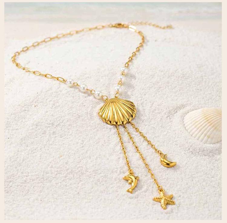 Ocean Style Y Necklace,18K Gold Plated Stainless Steel,Turquoise Paperclip Chain Dolphin Starfish Tassel Jewelry Waterproof