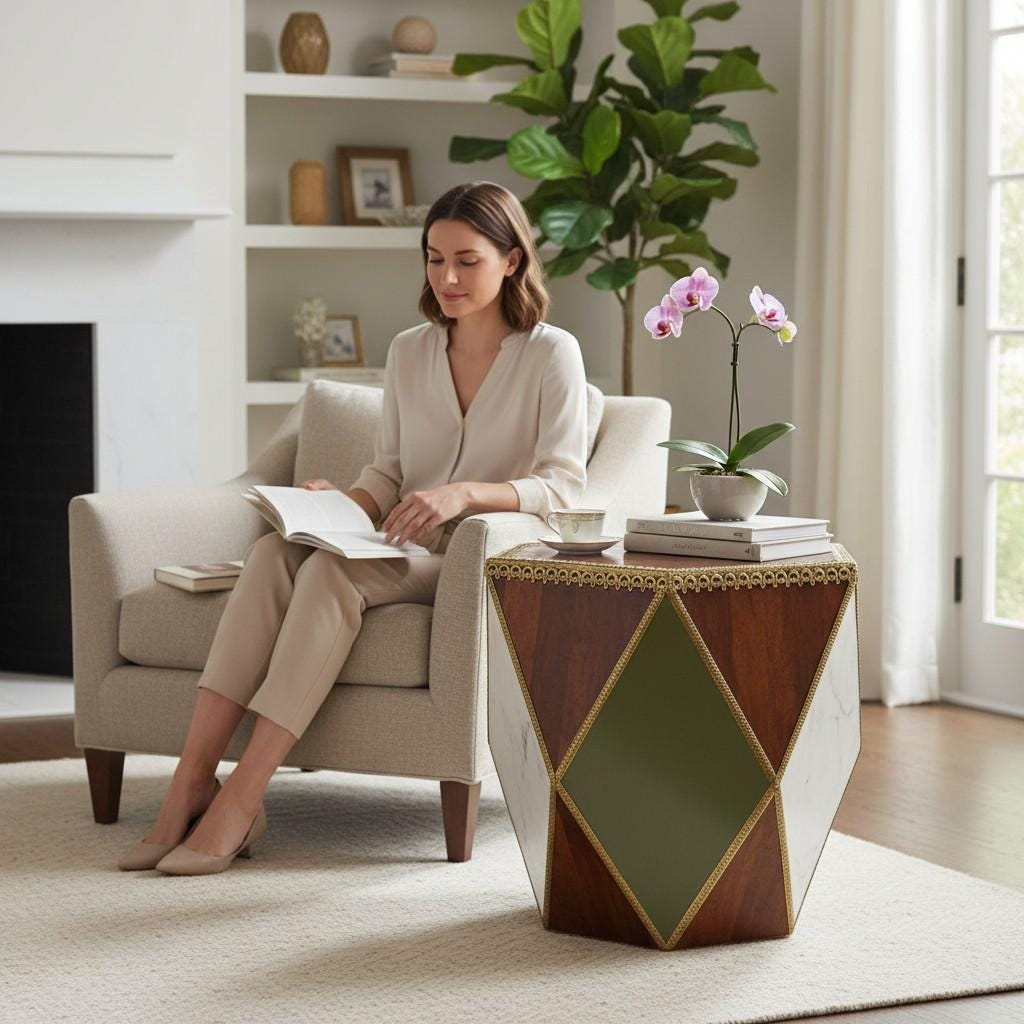 Wooden Coffee Table-India Central Home Decor Furniture-Hexagonal Side Table | Brass Inlay Accent Table | Geometric Boho End Table, Bedside