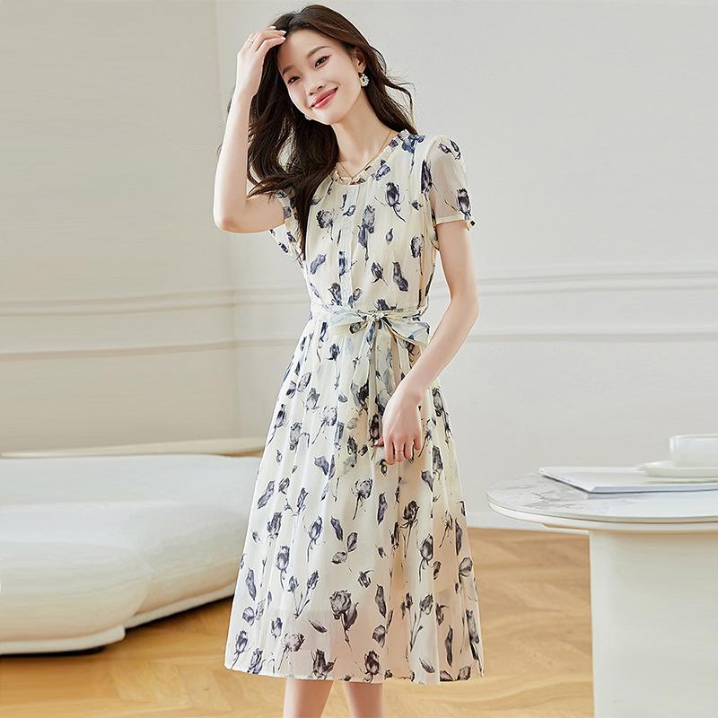2026 Summer Silk Goddess Style Printed Short-Sleeve Loose Dress for Women