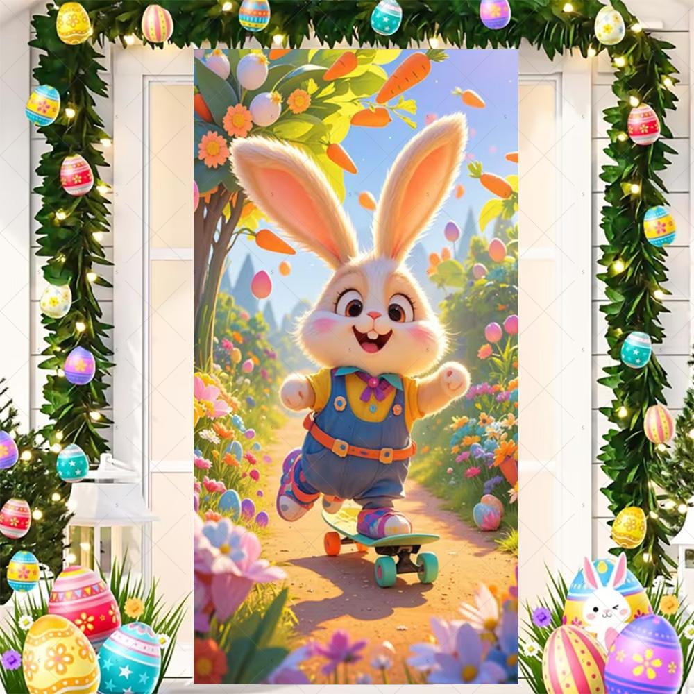 Happy Easter Cute Bunny Door Cover Backdrop Spring Garden Floral Easter Egg Background Easter Party Decoration Photo Shoot Props