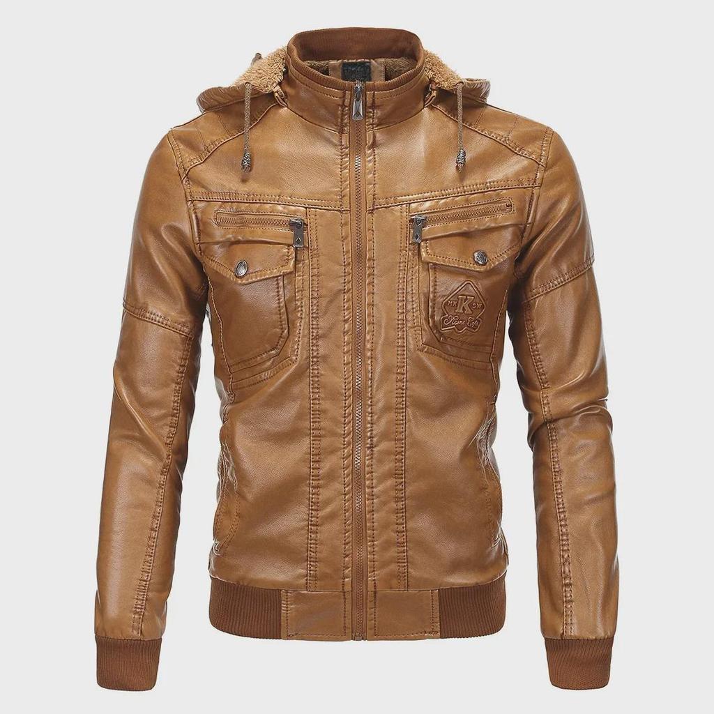 Herren 2020 Europäische Größe Kapuzenlederjacke mit Samtfutter, Klassischer Kunstschafsfell-Stil (1603)