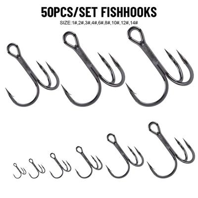 50PCS/Set Sports Sharpened Barbed Hooks Fishing Tackle High Carbon Steel Treble Jig Fishhooks