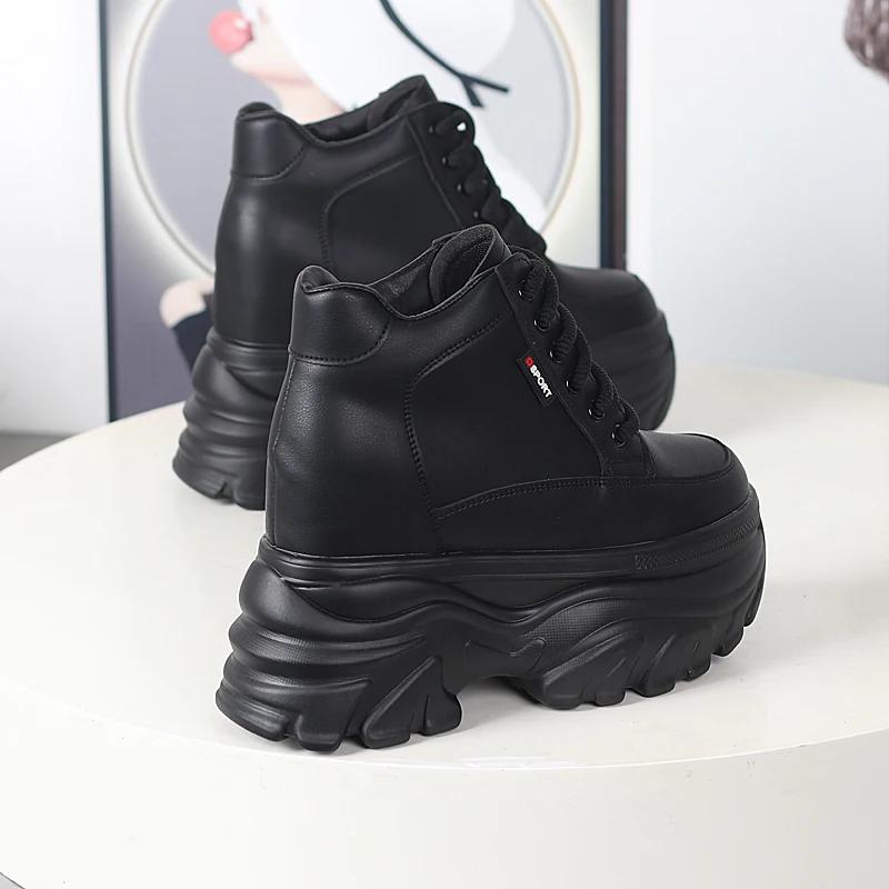 Fashion Autumn winter Women High Top Leather Shoes Platform Wedge Sneakers Chunky Shoes Hidden Heel 12CM White Black Women Casual Shoes