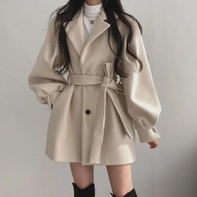 2024 Hepburn Style Medium-Long Wool Coat: Autumn/Winter, Straps, Small Suit Collar