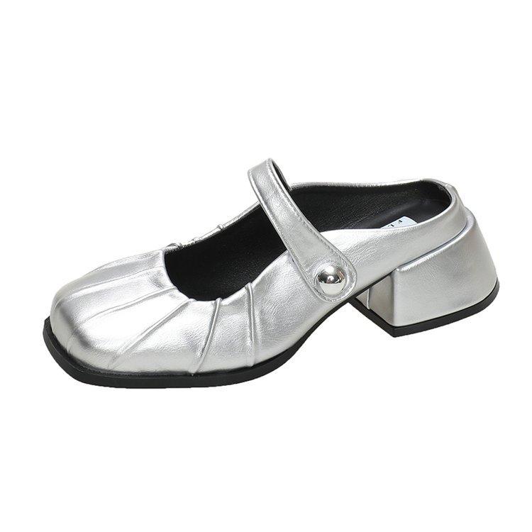 French high-end silver bag head half slippers women's outer wear 2025 spring and summer new lazy one-pedal thick-heeled single shoes