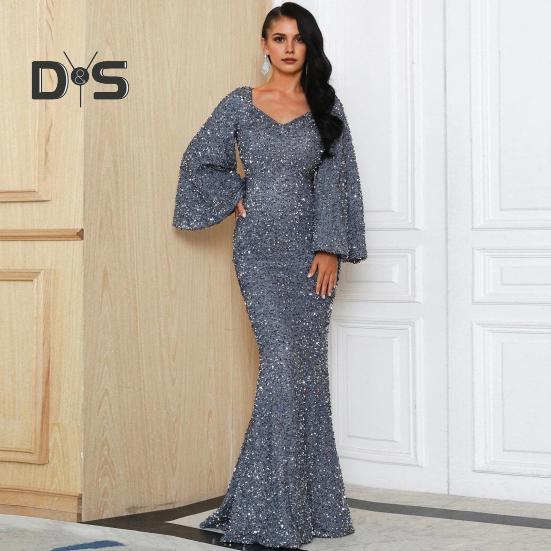 Dámské Večerní šaty Zvonové rukávy Flitr A-line Slim Fit Nízký střih s výstřihem do V Maxi šaty Střední pas Vzadu Zapínání na zip Plesové šaty