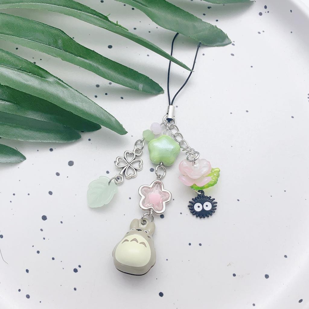 Cute Rilakkuma Bear Bell Matching Phone Charms Handmade Totoro Cat Star Hanging Chain Beaded Pendant Cardbook Keychain Gifts