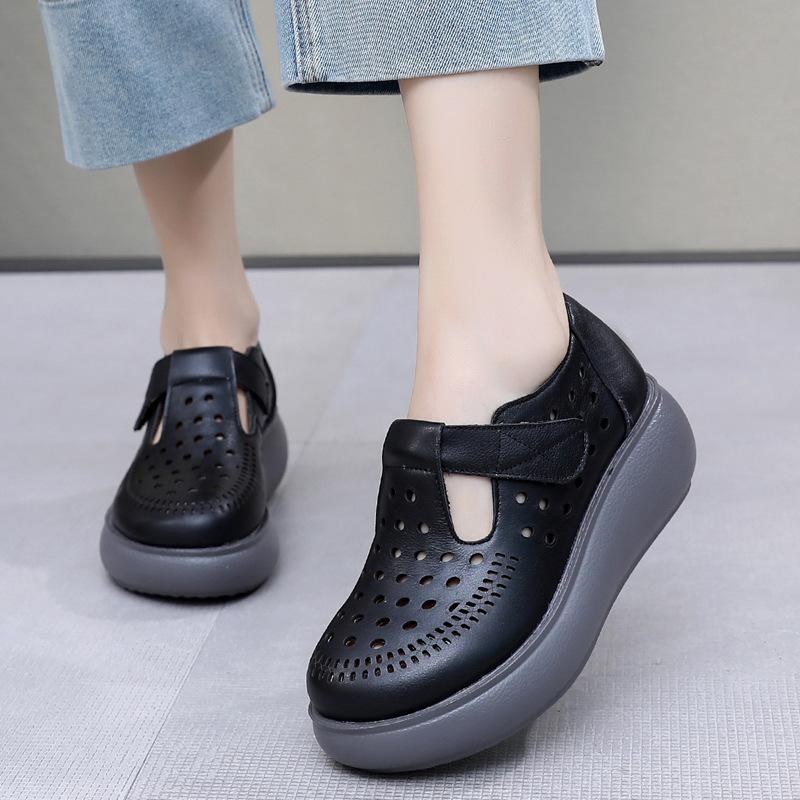 GKTINOO Genuine Leather Shoes Wedges Women Sandals 2025 New Spring Summer Hook & Loop Hollow Platform Sandals Large Size