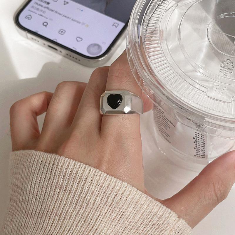 PANJBJ 925 Sterling Silver Geometric Black Stone Rings for Women Girl Korean Simple Adjustable Couple Jewelry Dropshipping