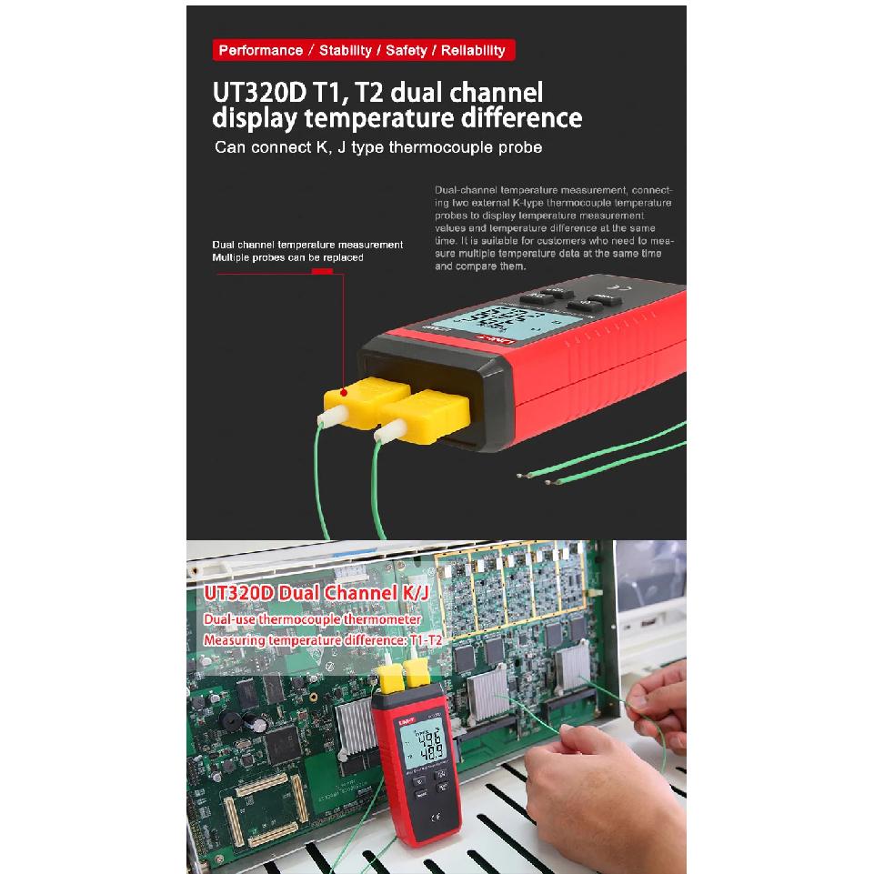 UNI-T UT320A UT320D Digital Thermometer Mini Dual Contact Thermocouple Type K J High Temperature Meter Tester -50℃ to 1200℃