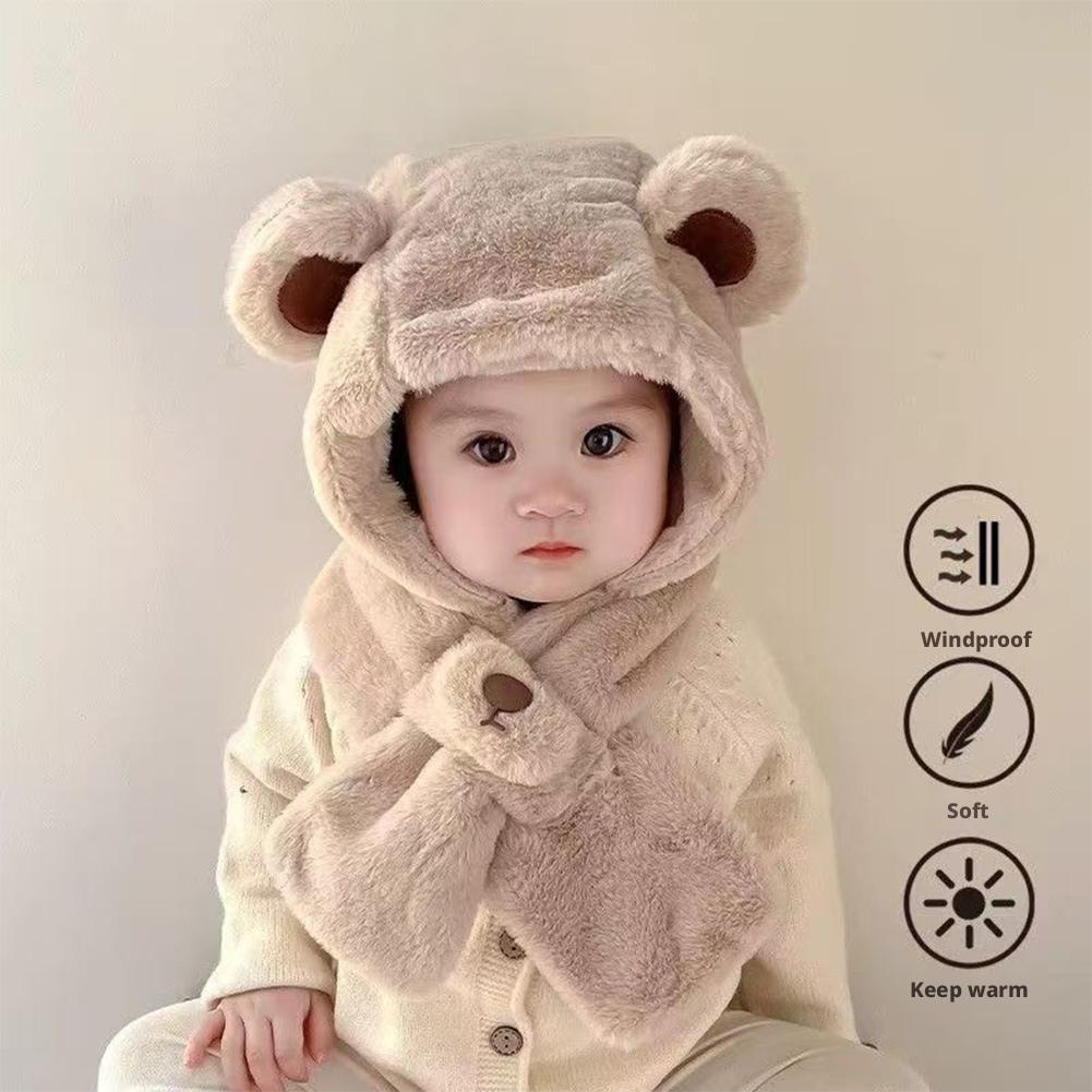 Kleinkind- & Baby-Wintermütze Kawaii Bärenohren Strickmütze Schal 2 in 1, Niedliche Bären Winter Warme Plüsch Verdicken Flauschige Winddichte Mütze