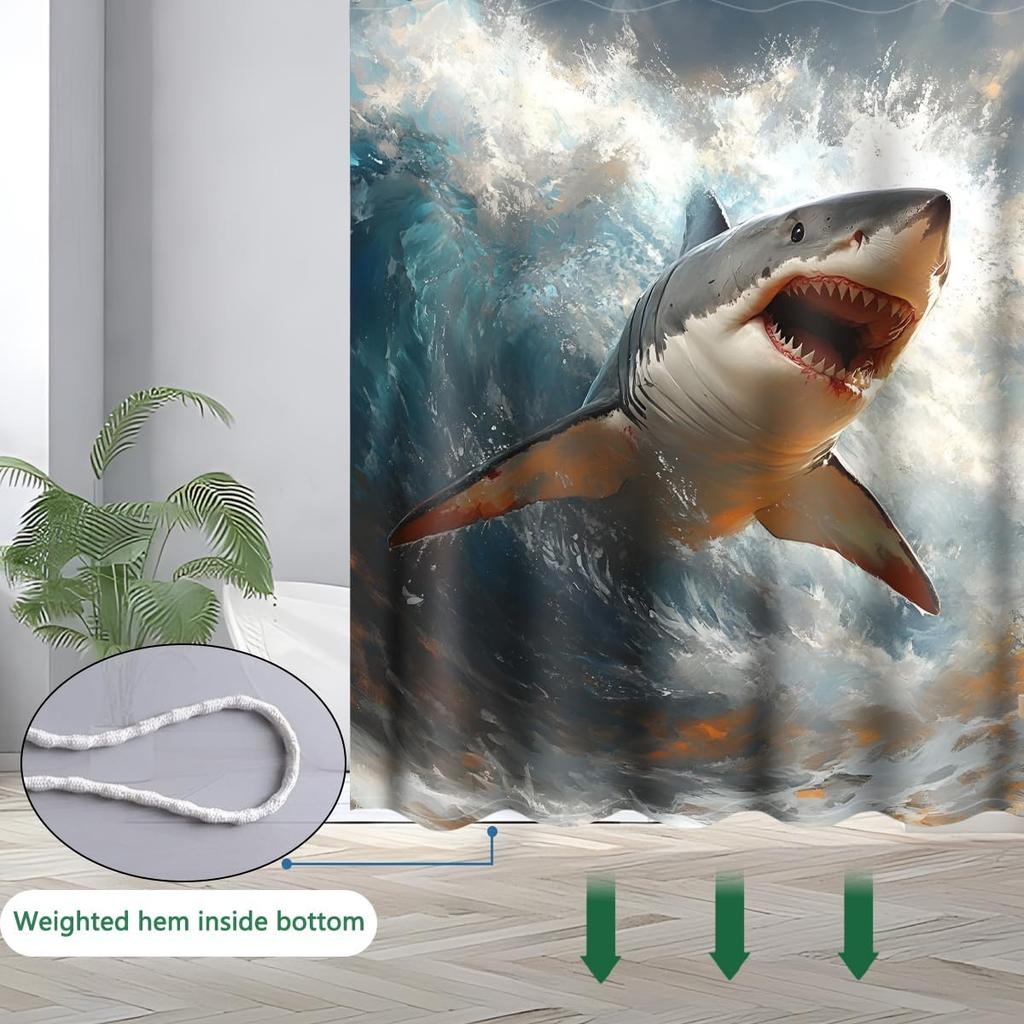 Sea Life Shower Curtain, Washable Shark Pattern Printed Shower Curtain Waterproof Bathroom Decoration 180x180cm