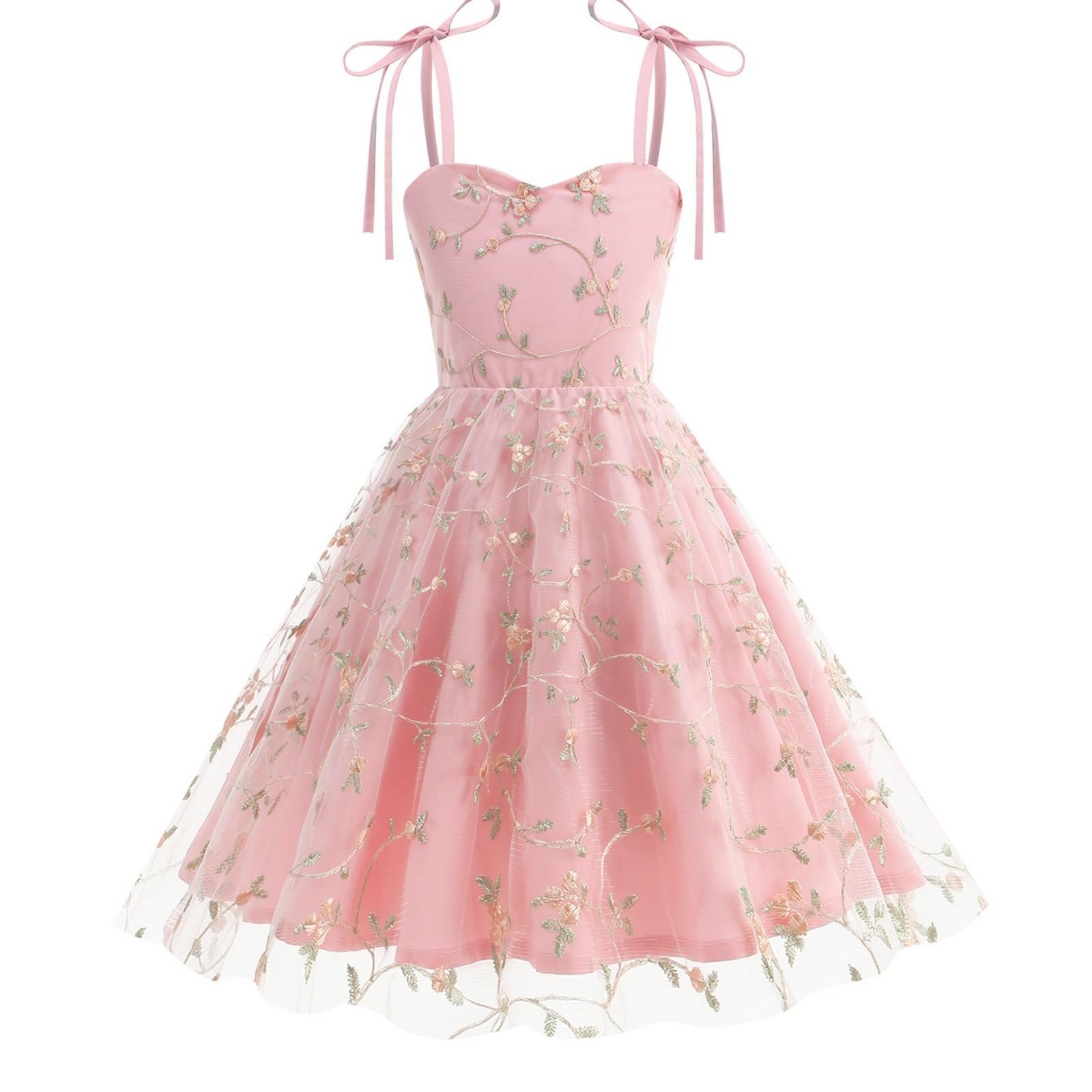 

Модное детское платье на подтяжках, сетчатое платье с вышивкой и бантом, платье принцессы 110-XS розовый