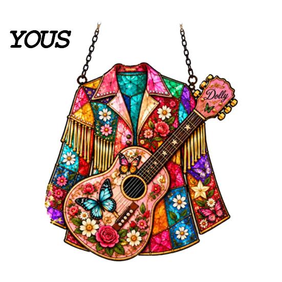 Decorative Hanging Pendant Western Country Art Suncatcher, Jacket & Guitar Stained Glass Style Sun Catcher, Indoor Wall Decor 2D Acrylic Ornament for