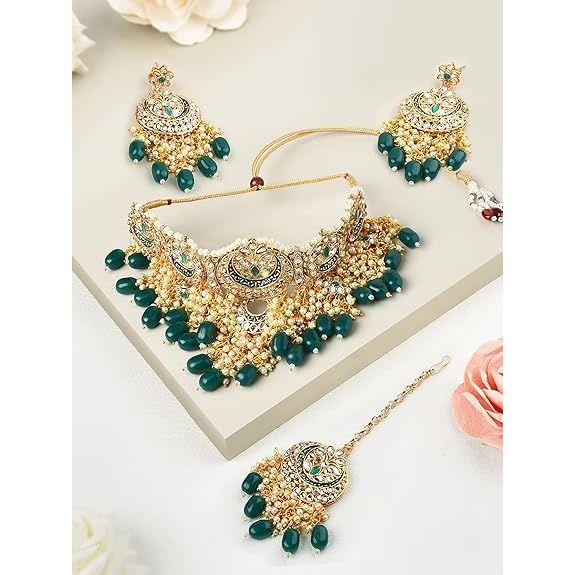 Green Meenakari Bridal Choker Necklace Earring & Maangtikka Set For Women