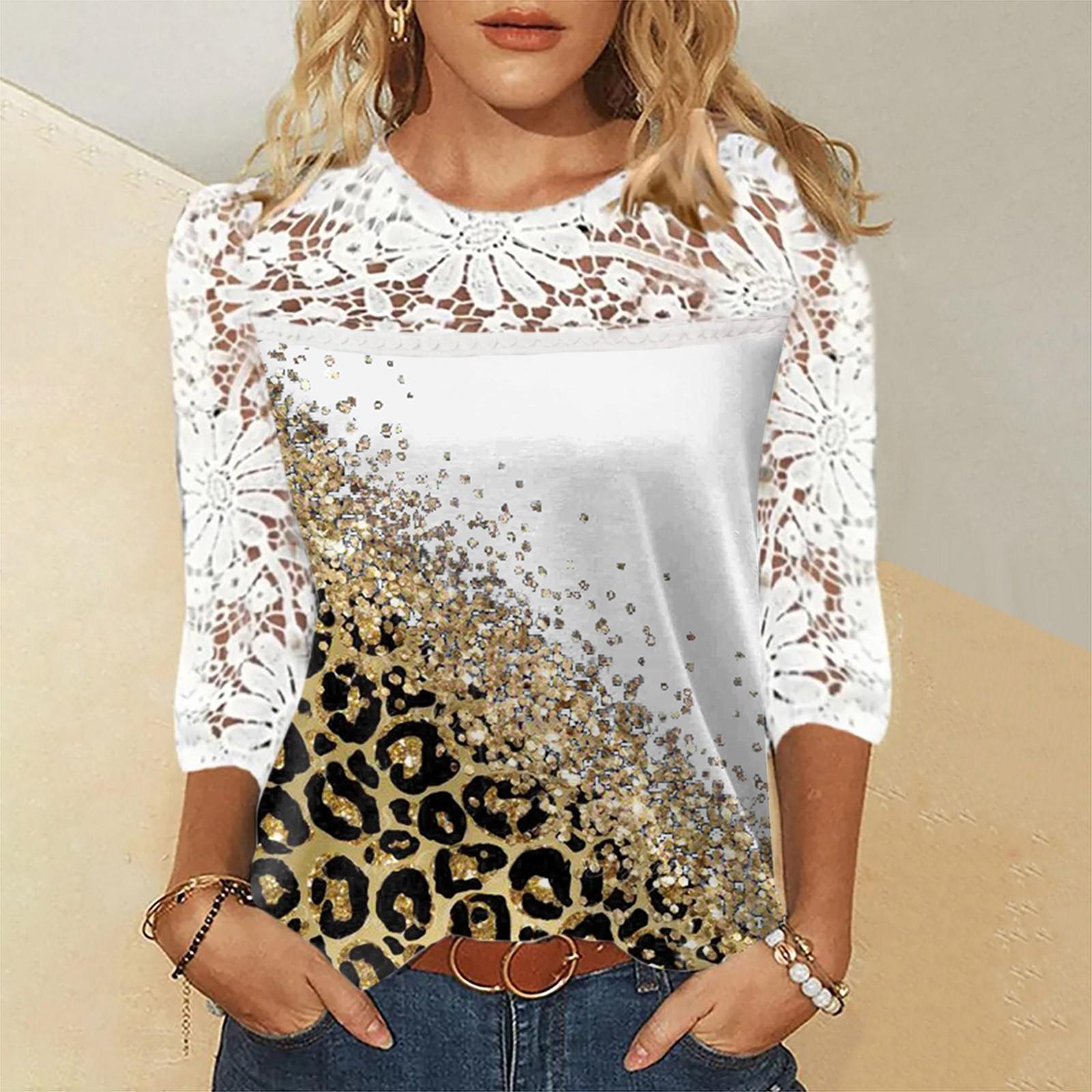 

Women s Casual T-shirt Crewneck Lace Hollowed Out Stitching Seven-point Sleeve Printed Top S білий