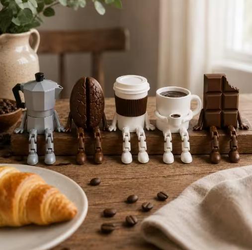 1pcs 1D Printed Coffee Corner Decor Articulated Moka Pot Coffee Bean Cup Mug Chocolate Figures, Coffee Station Shelf Decor, Gift