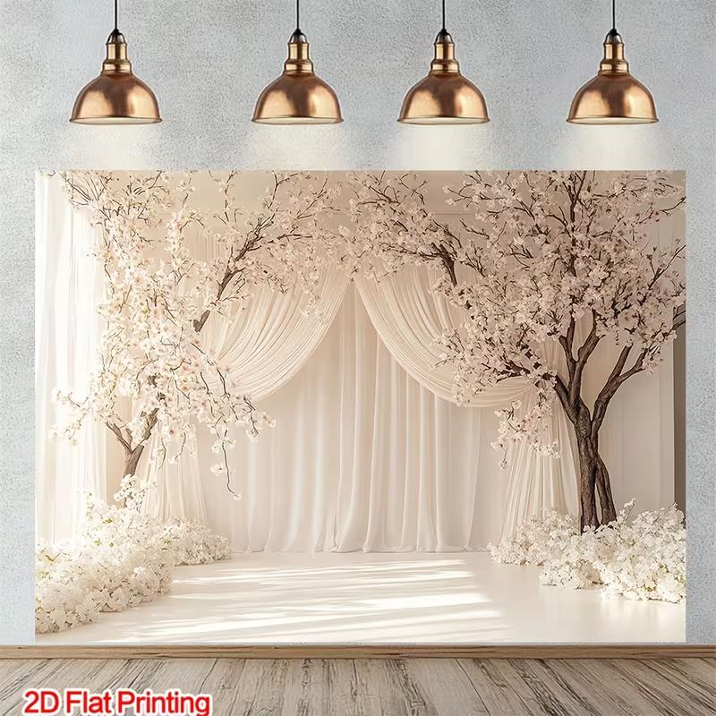 2D Romantic Floral Arch with Sheer Drapes Backdrop Photography Background Banner