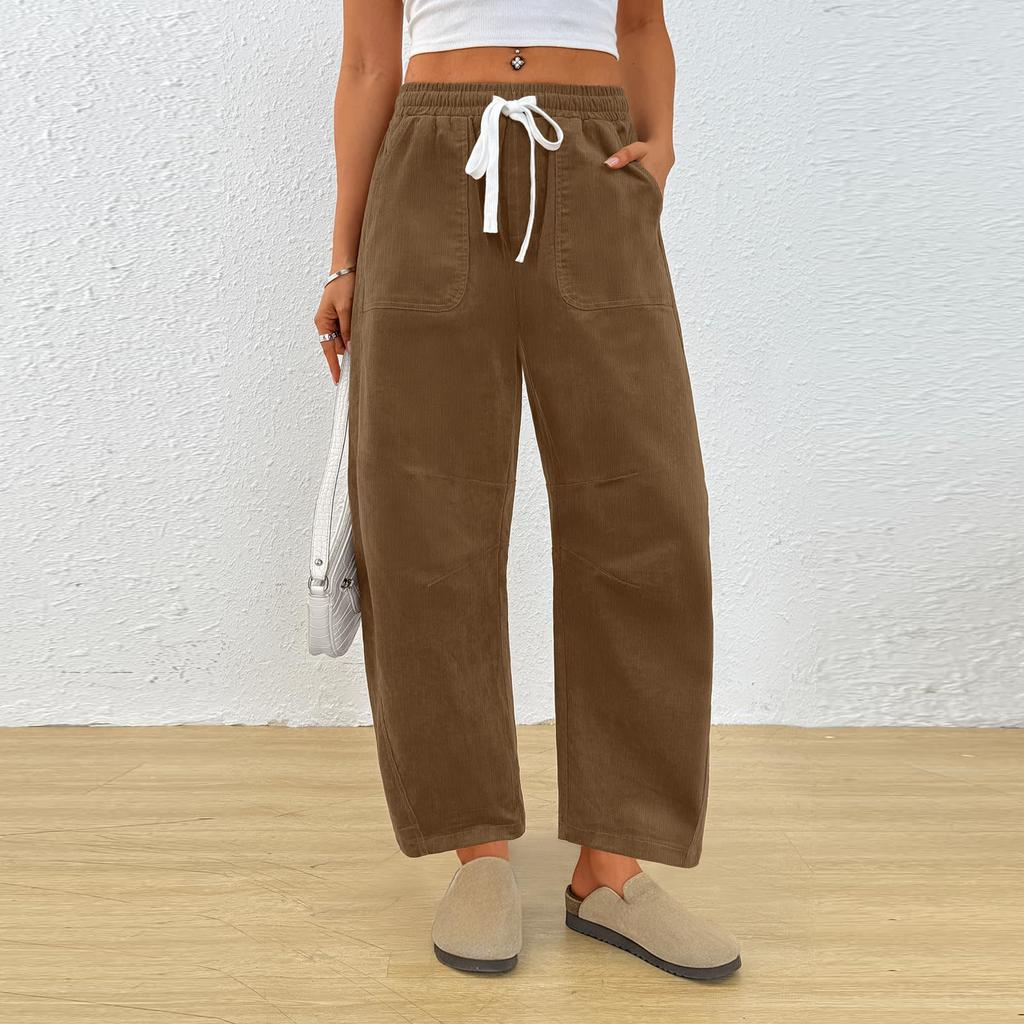 Women's Casual Fashion Solid Color Elastic Waist Drawstring Pockets Wide Leg Straight Pants