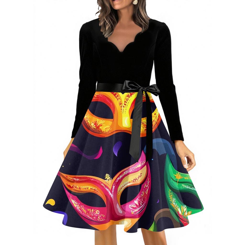 Women's Casual Fashion V Neck Long Sleeve Printed Vintage Long Dress