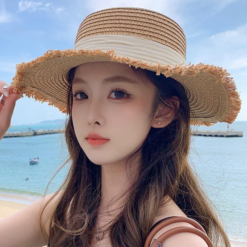 Summer Bow Sun Hat Female, Seaside Beach Vacation Sun Hat Outdoor Big Brim Sun Hat Sweet Straw Hat