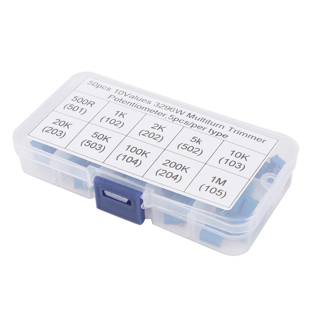 50pcs Variable Resistor 10 Values 3296W Regulating Resistance Multiturn Trimmer Potentiometer 100 Ohm 1M Ohm