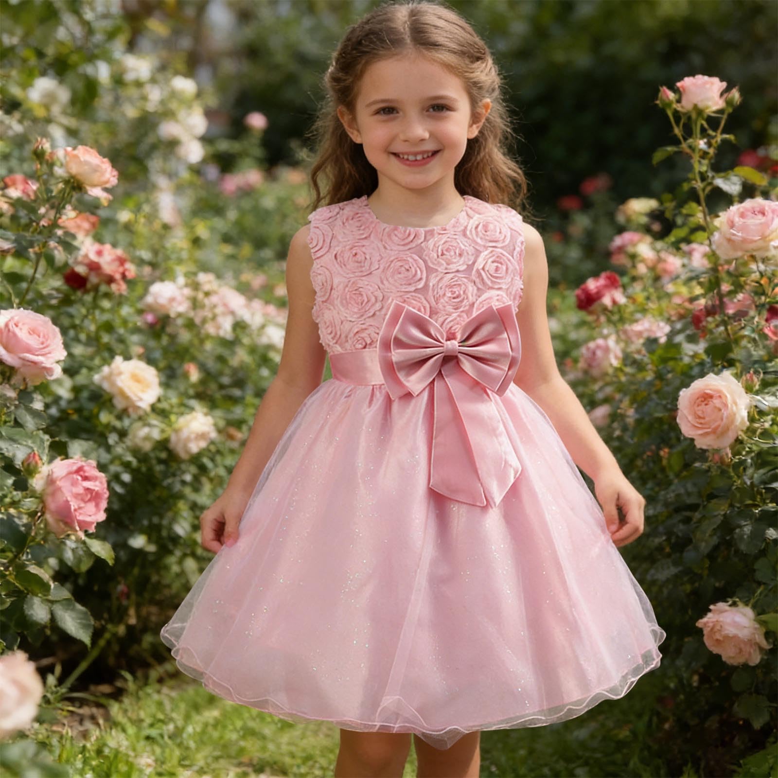 Girls Princess Dress Mesh Tulle Sleeveless Bowknot Dress 130 розовый
