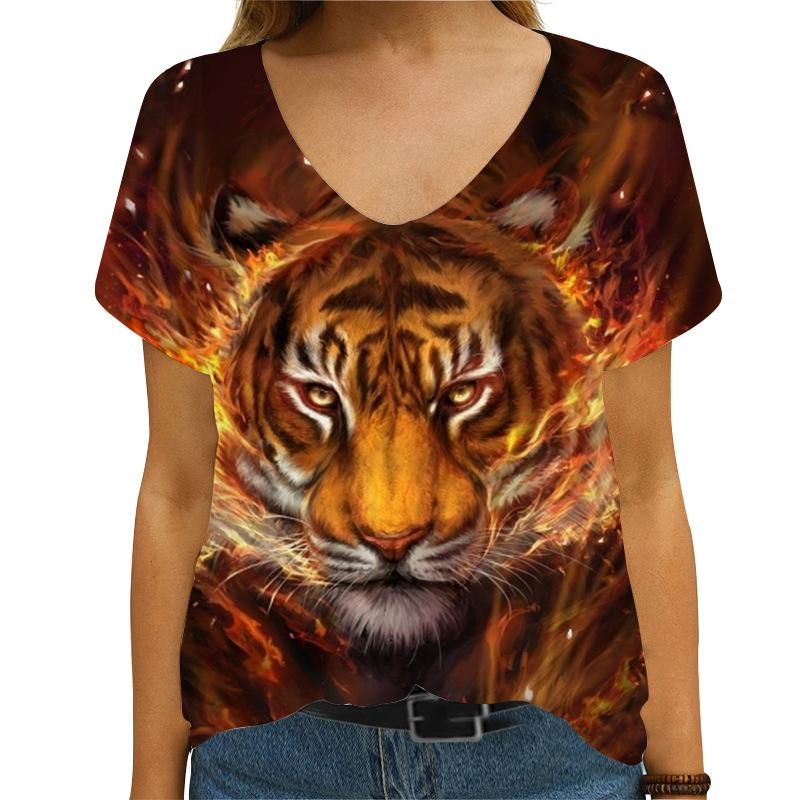 Summer Lion Print Trend 3d Women's V-neck Fashion Short Sleeved T-shirt