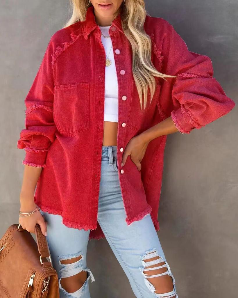 Factory Direct Autumn Long-sleeved Denim Jacket Women's Washed Rough Edge Medium and Long Loose Jacket In Stock