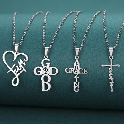 Birthday Jewelry Gift Christian Couple Pendant Necklace Women's Hot Selling Men's with Inspirational Words 4 Pieces Stainless Steel Faith  Accessories