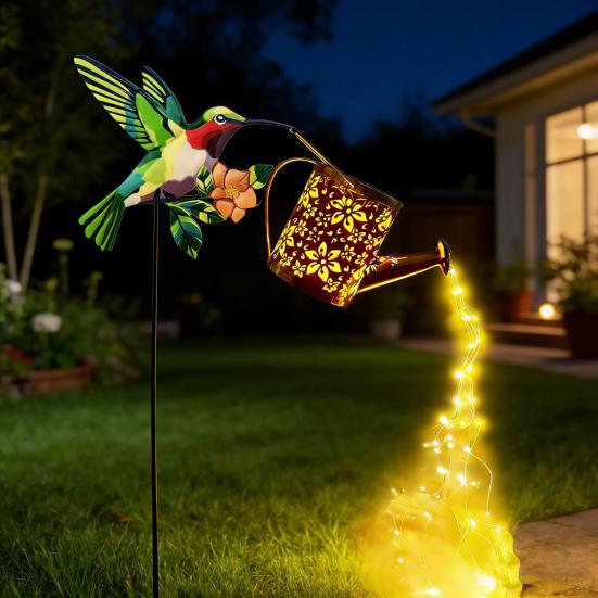 Yousheng Solar Watering Can Garden Light Metal Hollow-Out Hummingbird Decorative Light Outdoor Spike Lamp for Lawn Pathway