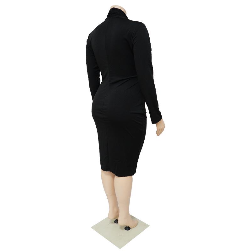 Plus Size European & American Fashion Casual Solid Color V-Neck Long Sleeve Dress