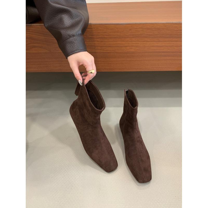 2025 New Round Head Thick High Heel Low Tube Suede Thin Knight Fashion Women's Pile Martin Boots