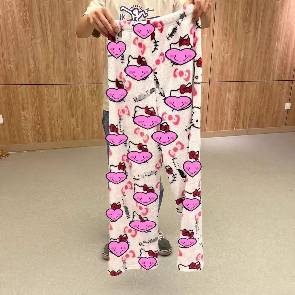 Damen Hello Kitty Halloween Flanell Schlafhose - Dick, gemütlich und mit Samt gefüttert für Herbst und Winter