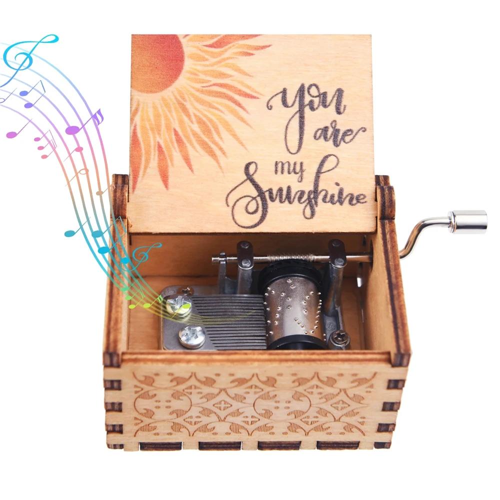 New You Are My Sunshine Music Box Color Printing Wooden Hand Crank Musical Box Birthday Present Valentine's Day Christmas Gift