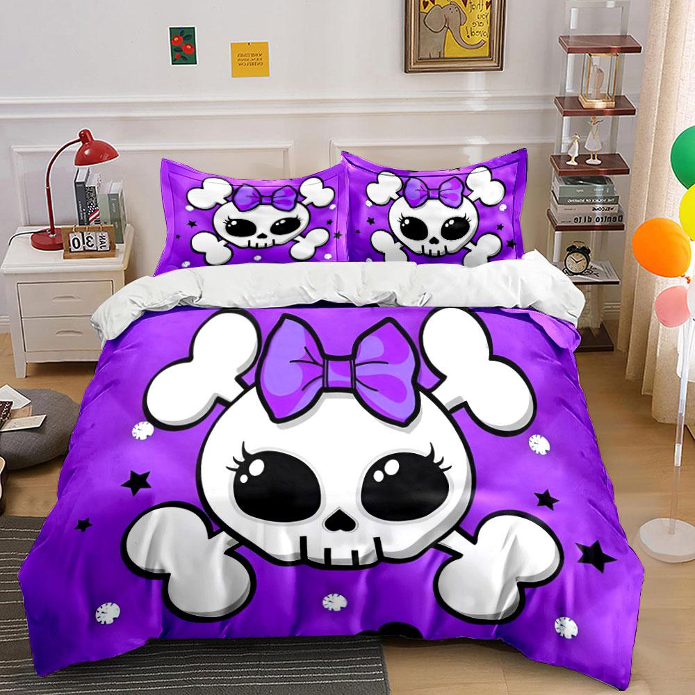 3Pc Cute Bow Crossbone Skull Duvet Cover Set,Purple Glitter Kawaii Bedding with 1 Duvet Cover 2 Pillowcases Single Double,Gift