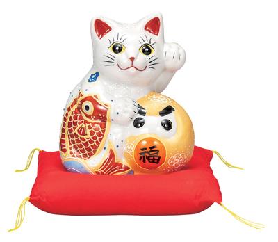 Céramique Kutani Célébrant la Prospérité des Affaires et la Bonne Chance avec Taille Célébration Dorade et Figurine Maneki-neko, Fortune, Main, Coussin, 15,5 cm