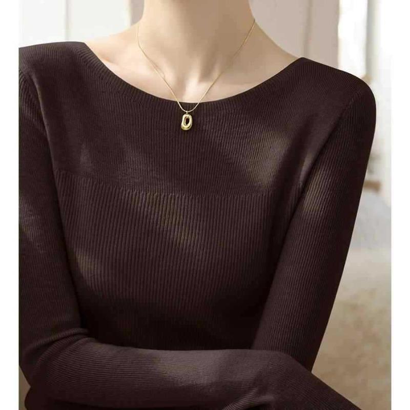 Core-spun Yarn New Long-sleeved Wool Top Women's Versatile Solid Color Design Sense One-word Collar Inner Backing Knitted Sweater
