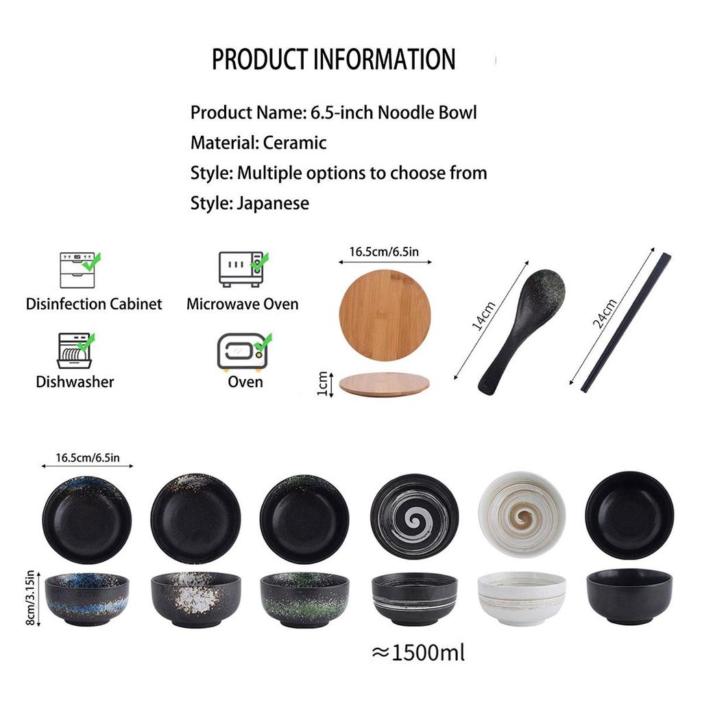 Ceramic Ramen Bowl Set Reusable Kitchen Bowl Japanese-Style Large Bowl Salad Bowl Cereal Bowl Picnic Bowl Instant Noodle Bowl for Soups Porridge