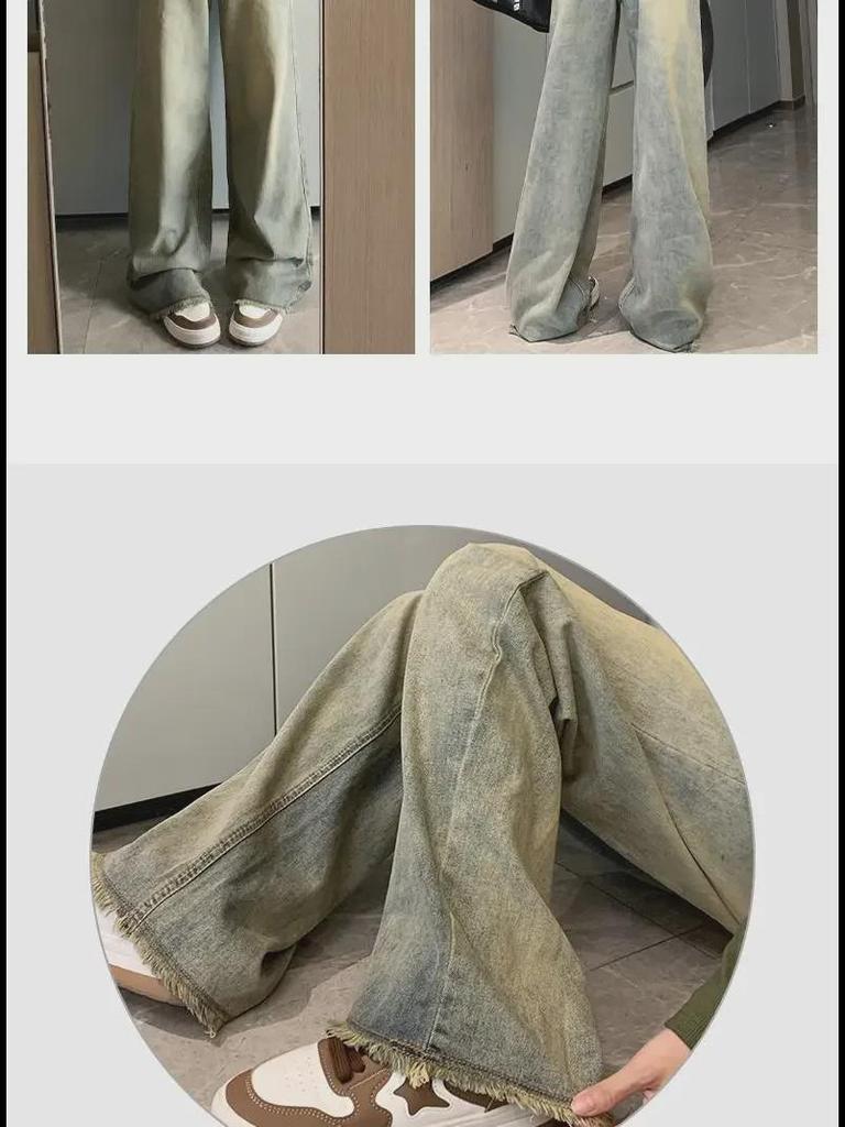 Damskie dżinsy retro z wysokim stanem, szerokimi nogawkami w amerykańskim stylu, z efektem postarzenia - mały rozmiar, luźny prosty krój, surowe wykończenie, idealne na jesień.