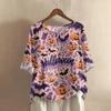 Camicia alla moda e casual da donna a maniche corte con scollo rotondo e stampa, blusa top in cotone e lino