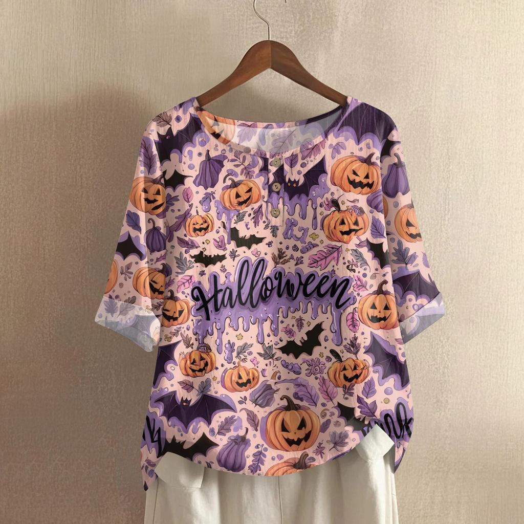 Camicia alla moda e casual da donna a maniche corte con scollo rotondo e stampa, blusa top in cotone e lino