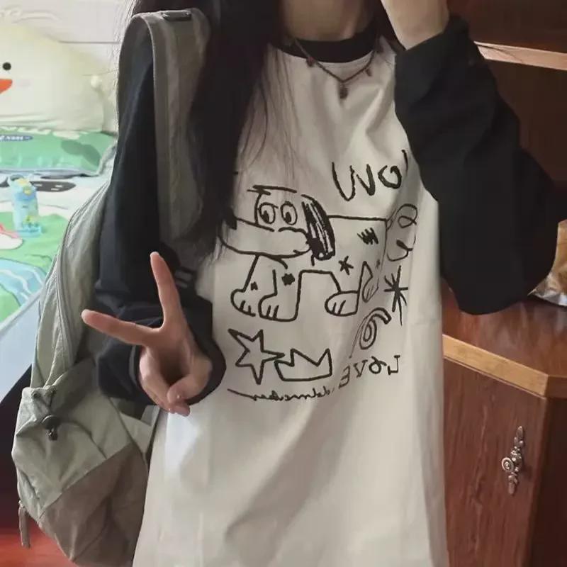 T-shirt décontracté à manches longues pour femmes, coréen, coutures contrastées, noir et blanc, ample