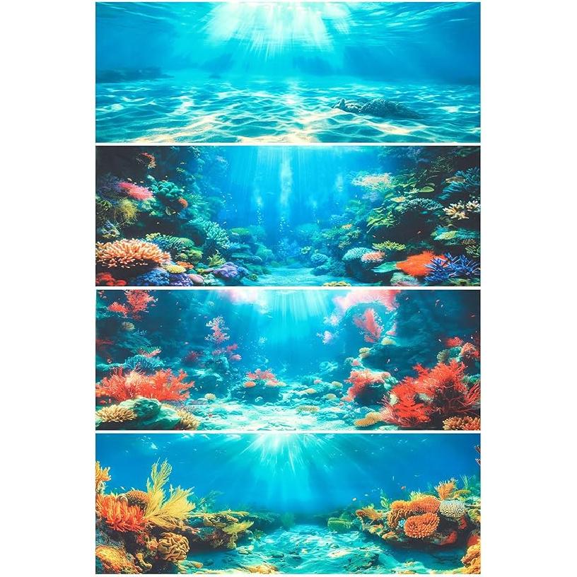 4 Pack Aquarium Background Polyester 30 x 18 Inch Cloth Fish Tank Background Undersea Corals Sunshines Rock Aquatic Plants Wallpaper with