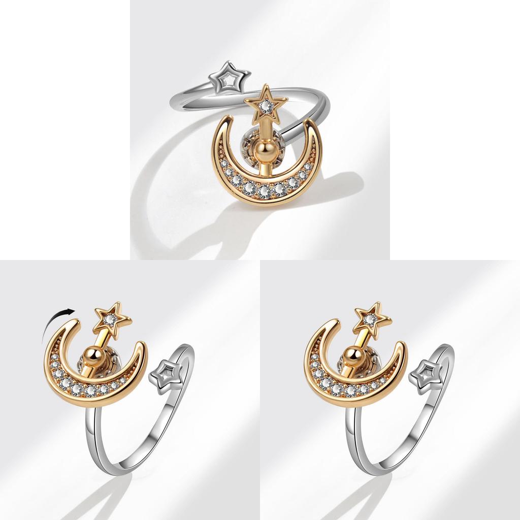 Star Moon Adjustable Ring For Women With Geometric Design And Electroplated Finish