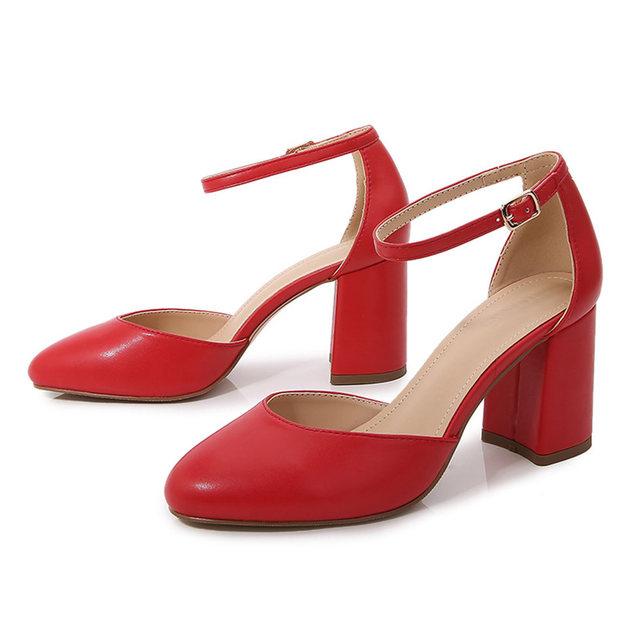 Classic Nude Elegant Trendy Office Lady Party Shoes Red Round Toe Women 'S Summer Sandals Square High Heeled
