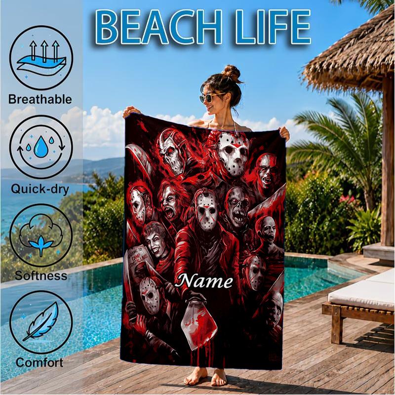 Custom Name Horror Characters Microfiber Beach Towel, Quick-Dry, for Summer Travel, Beach Essential, Picnic Essentials, Swimming Pool