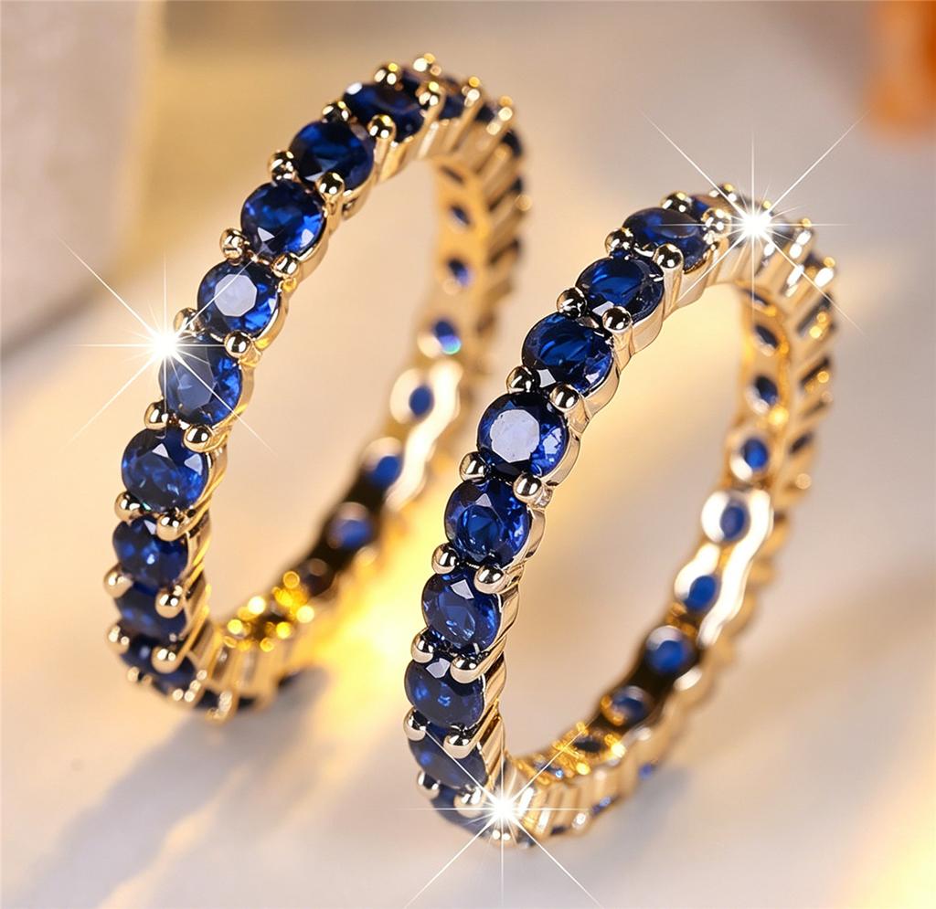 Blue Crystal Single Row Round Stone Rings For Women Vintage Trendy Gold Silver Wedding Band Bridal Jewelry Engagement Gift
