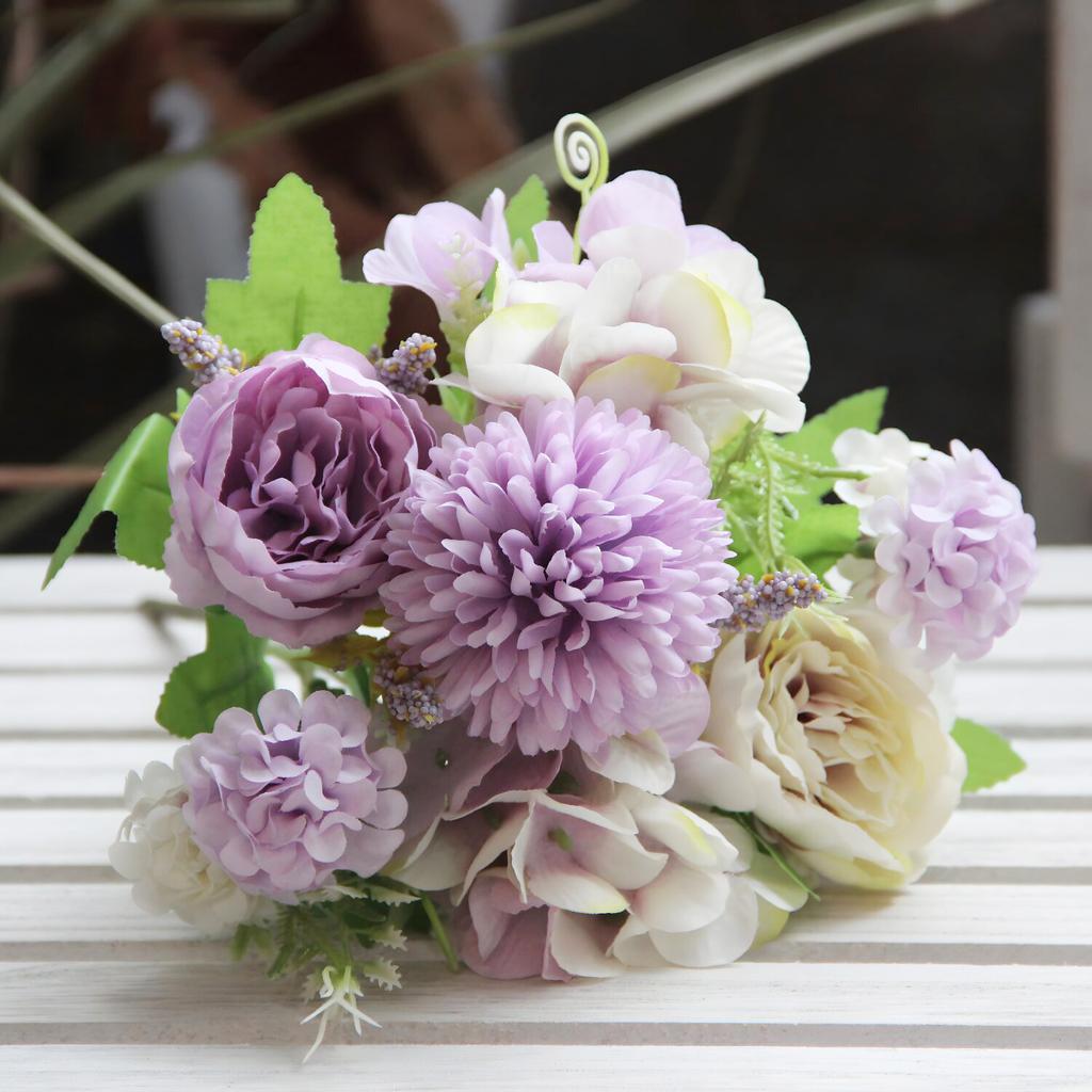 Pastel Artificial Mixed Flower Bouquet, Hydrangea Peony & Pom-Pom Chrysanthemum, Multi-Color Fake Flowers for Home Decor